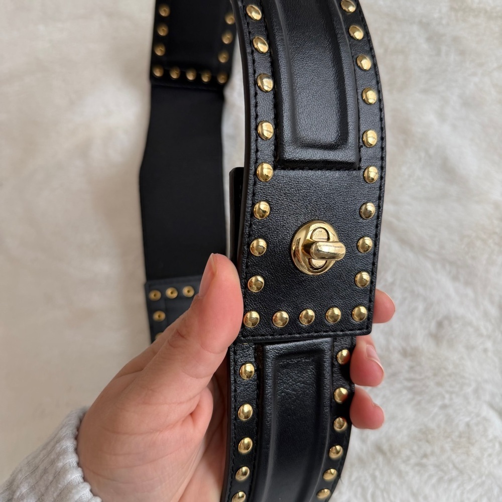 Saks Fifth Avenue Italian Leather Belt Black Studded Size Medium - Picture 10 of 10